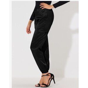 Allegra K Black Satin Cargo Jogger Pants XS